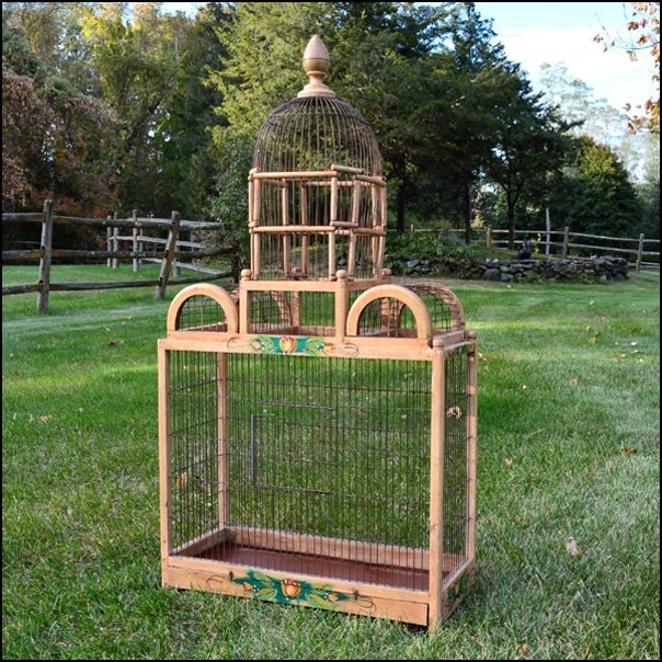 Victorian Bird Cage / Antique Wood and Wire Bird Cage / 42″ tall Bird
