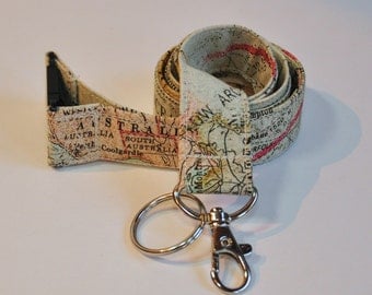 Fabric Lanyard ID Badge Holder - Teacher lanyard - world map lanyard - travel agent geography professor - Breakaway clasp optional