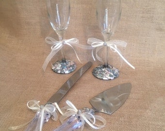 Beach Wedding Set Abalone Shell Encrusted Toasting Champagne Flutes or Wine Glasses Cake Serving Set with Crystal Acrylic Handles