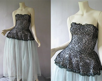 Strapless 40s Party Dress - Vintage 1940s Dress - Lace Sweetheart Gown - Dior Style New Look