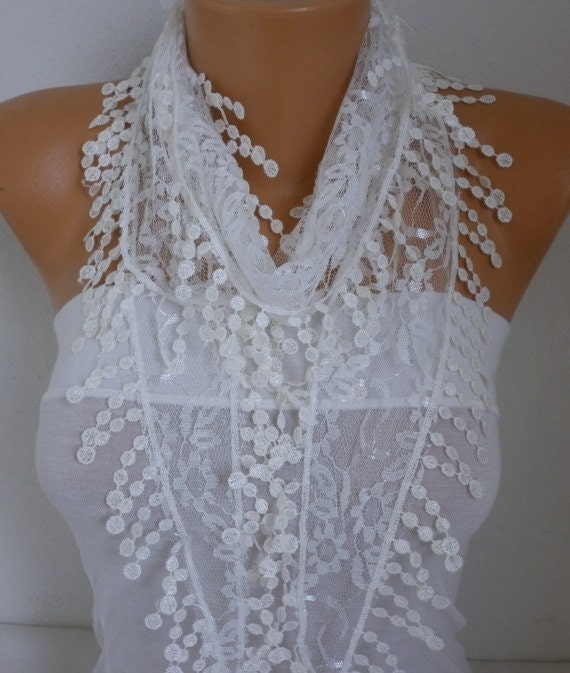 Creamy White Lace Scarf Fall Summer Scarf Shawl by anils on Etsy