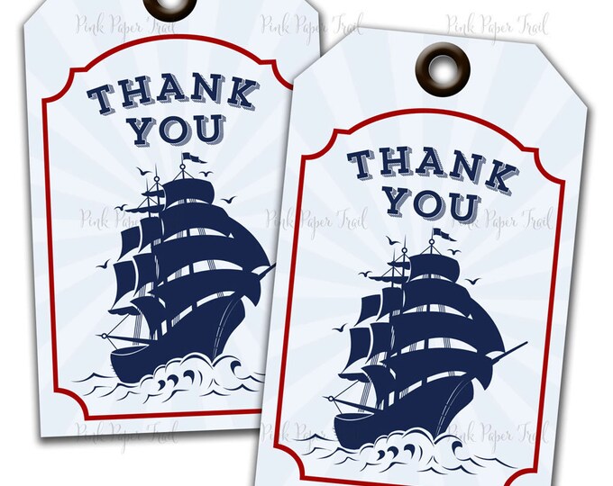 Nautical Party Thank You Tags (Blue and Red), Instant Download, Print Your Own