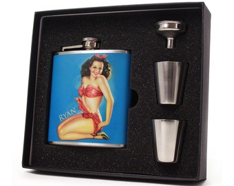 Personalized Flask // Liquor Flask // Custom Flask // Bathing Beauty Pinup Girl Flask