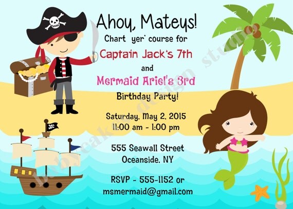 Pirate and MERMAID invitation invite pirate mermaid by jcbabycakes