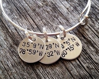 Latitude Bracelet - Latitude Longitude Bracelet - Coordinates Bracelet - Gift For Mom - Gift for Girlfriend - Silver Bangle - Location