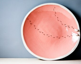 BIRD BATH, large pottery plate, large round plate, pastel red, coral red, modern, minimalist ceramic plate. gift for gardener. karoArt