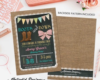 cowgirl birthday invitation boots or bows burlap chalkboard bunting banner lace baptism country fair bash (item 227) shabby chic invitation