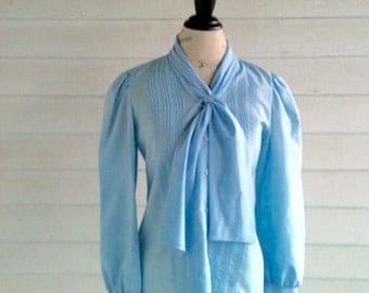 Vintage Blouse - 1970s Baby Blue Sailor Style Secretary Shirt