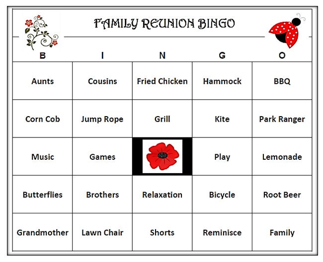 Family Reunion Bingo Game 30 Cards Picnic &amp; Family Theme