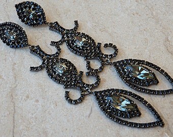 Black Diamond Earrings, Black and Gray Swarovski Earrings, Long Black Swarovski Earrings, Extra Large Chandelier Earrings, Shoulder Dusters