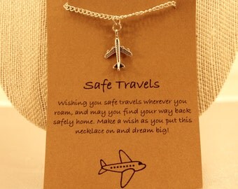 Safe Travels Necklace: Safe Travels Airplane Charm Necklace, Airplane, Traveling, Traveller, Safe Travels, Wish Necklace, Wish Jewelry,