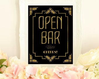 Open bar sign, wedding printables, Great Gatsby decorations, art deco wedding, gold wedding signs, gold foil wedding, roaring 20s decor
