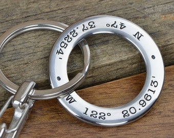 Mens Personalized Keychain - GPS Coordinates Longitude Latitude Keychain - Great anniversary gift for men