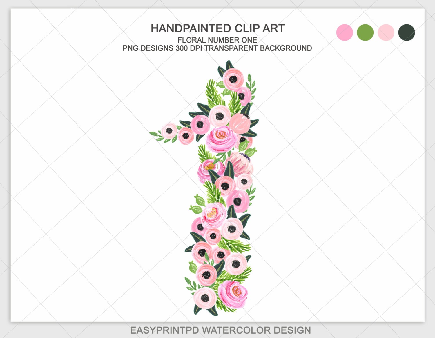 floral numbers handpainted watercolor clipart number one