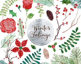 Watercolor Christmas Clipart, Holiday Flowers, Mistletoe, Poinsettia, Pine, Holly, Commercial Use Clip Art