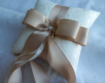 Ivory Shantung Silk and Ivory Lace with Champagne Satin Ribbon Ring Pillow Bearer