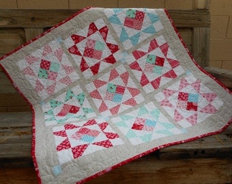 Baby Quilt--Red/Pink/Aqua and Gray