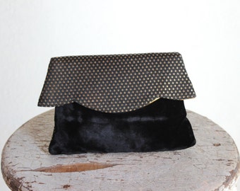 Black & Gold Velvet Envelope Clutch / Scalloped Purse