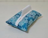 Fabric Tissue Holder - Pocket Tissue Pouch - Tissue Cover - Purse Accessory - Snowflakes - Winter - Teal Blue White - Stocking Stuffer