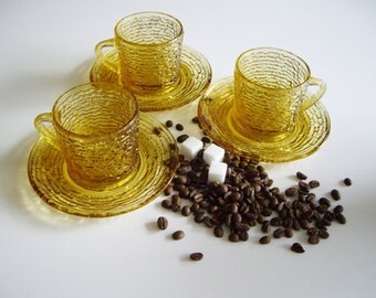 Vintage, Coffee Cups and Saucers, Anchor Hocking Soreno, Glass, Mid Century, Amber, Coffee Set, Set of 3, textured, bark, Cappuccino