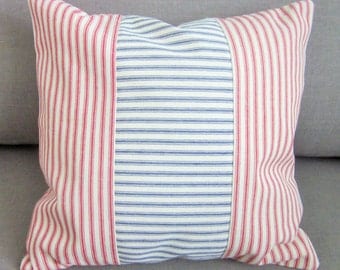 Red and Blue Ticking Pillow Cover, Decorative Pillow, Various Sizes