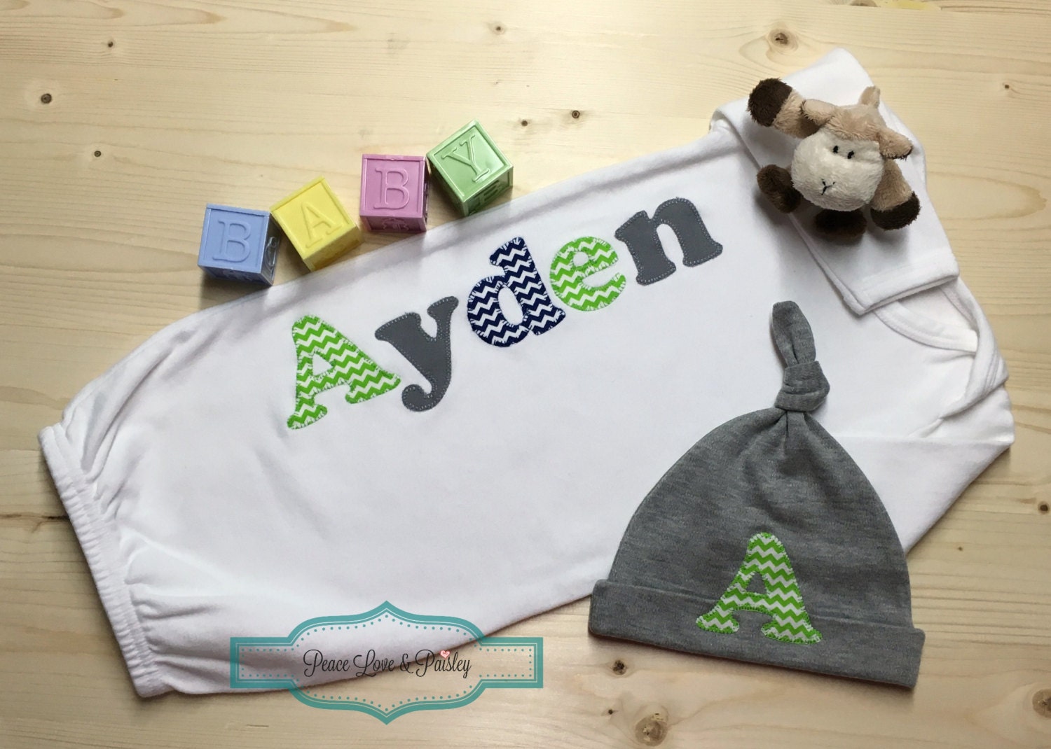 Personalized Baby Boy Gown and Hat Set Personalized Baby Boy