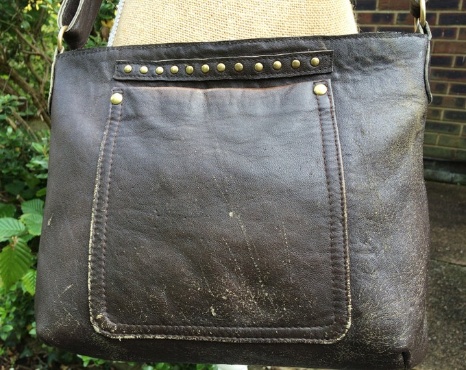 Recycled leather bag - Distressed Brown leather crossbody-shoulder bag- adjustable strap- zip closure. Get 30% off see details