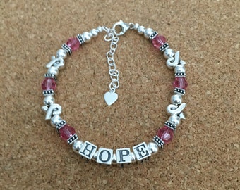 HOPE Bracelet - Breast Cancer Awareness - Swarovski Crystal - Pink - Ribbon Bead - Inspirational - Any Size - Made in USA