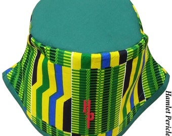 African Kente Green-top Bucket Hat | Kente Hat | African Hat | Kente Cloth | Green Yellow Hat | Stripe Hat by Hamlet Pericles | HP11916b