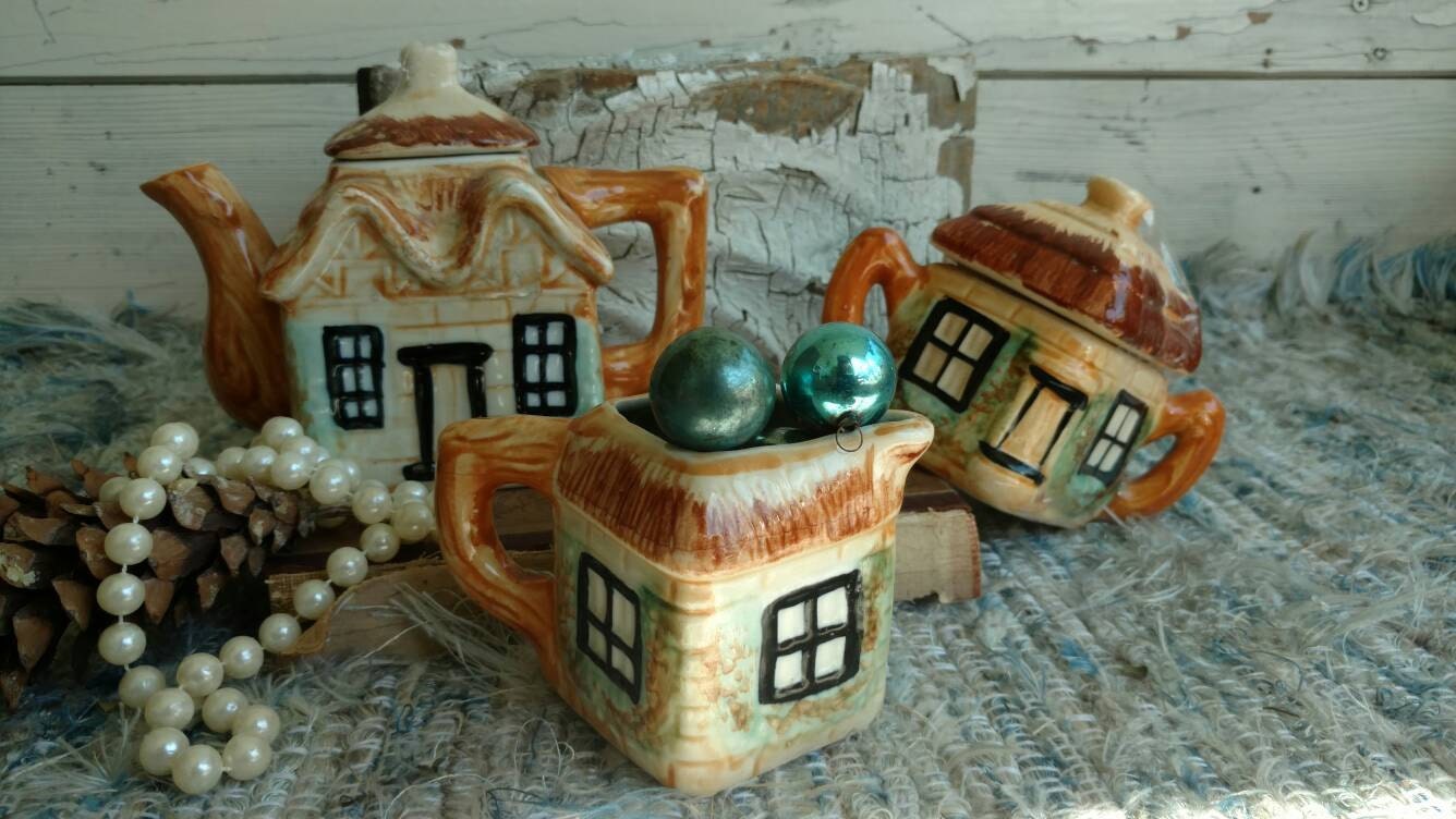 Antique English Cottage Teapot With Creamer Sugar Bowl