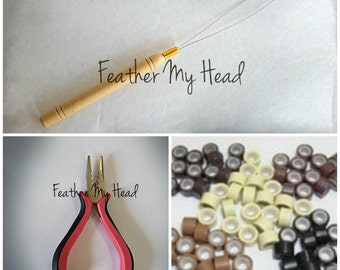 Feather Hair Extension Tool Kit: Threading Tool, Tri Clamp Pliers, 25 Bead Mix
