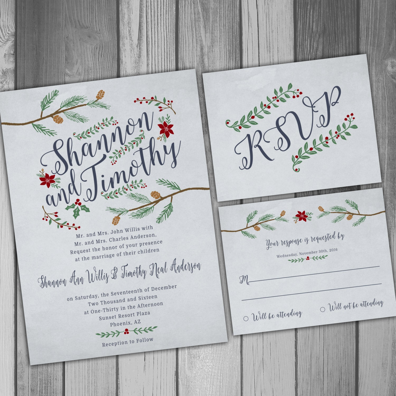 Wedding Invitation Winter Wedding Christmas Wedding Printable Wedding Printed Invitations Rustic Wedding Rustic Invitation RSVP Card