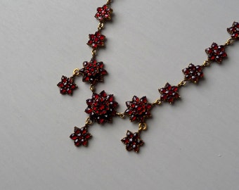 Victorian Garnet Necklace. Antique Bohemian Garnet Stars Flowers.