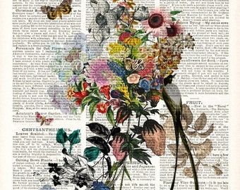 floral vintage book page print - LARGE archival print 13 x 19 inches