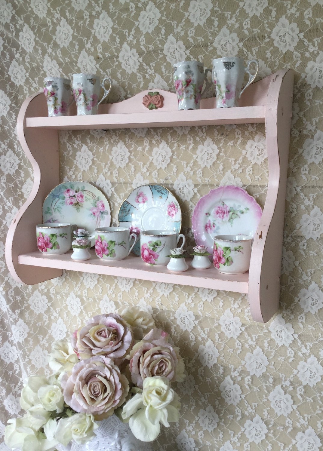 Shabby Teacup shelf Kitchen Display Curio Shelf Chippy