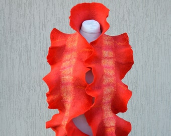 Red orange yellow wool silk nuno felted scarf