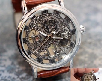 Personalized Engraved Mens Watch Steampunk Gear Watch Man Watch Brown Leather Band Groomsmen gifts or Father of the bride gift.