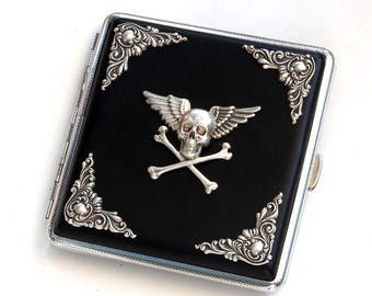 Gothic Cigarette Case Black Case Skull and Wings Card Case Men Cigarette Case Women Cigarette Case Gift for Men Leatherette Cigarette Case