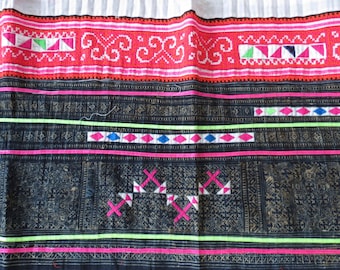 Handwoven Hmong hemp and cotton, Vintage fabric Indigo cross stitch textiles and fabrics- Table runner,