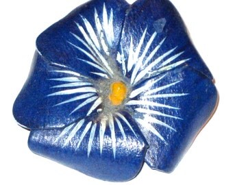 Vintage 80s blue leather flower pin brooch Greece handmade