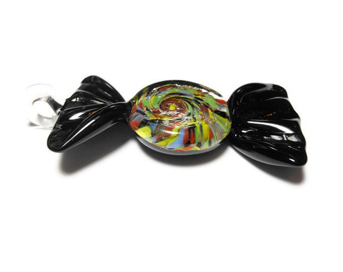 Candy lampwork pendant, black and multicolored with silver colored foil, 68x29mm candy