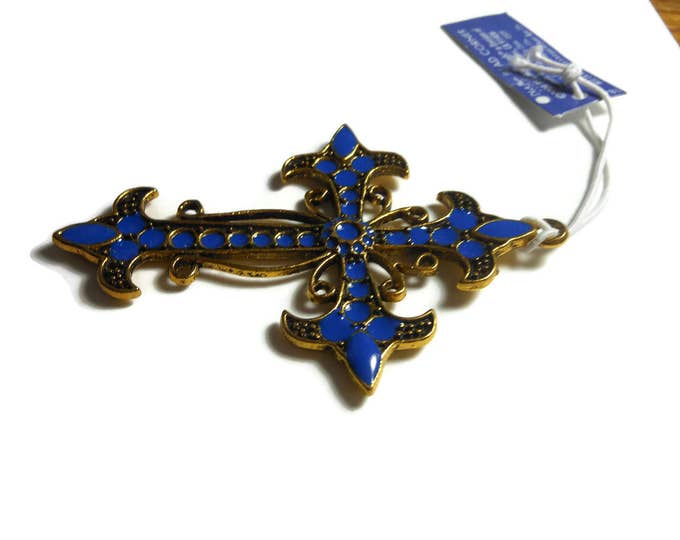 Large blue cross pendant, Blue Moon Beads®, gold finished pewter, 68x52mm cross, blue enamel, ornate fleury cross, heraldic Holy Trinity