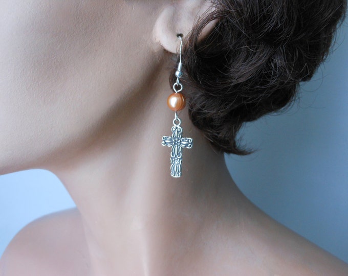 Sterling cross earrings, handmade sterling silver cross and a peach cultured pearl on sterling french hooks, cross pierced dangle earrings.