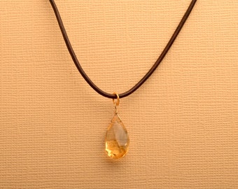 Citrine Necklace, November Birthstone Necklace, Leather Necklace, Summer Necklace, Gemstone Leather Necklace