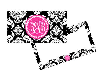 Personalized License Plate Frame - Damask - Monogram Vanity License Plate Frame