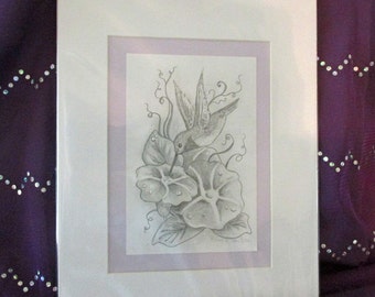 Hummingbird with Morning Glories Matted ready to frame original pencil sketch 4x6 drawing art by Ronne