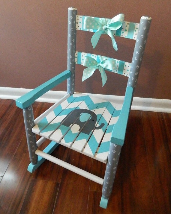 Hand-Painted Wooden Rocking Chair Nursery Elephant Theme