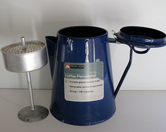 BLUE ENAMEL Glazed COFFEE Pot/Camping Coffee Pot/Cabin Decor/Cottage Kitchenware/Outdoor Coffee Pot/Enamel Coffee Maker/Outdoor Kitchenware