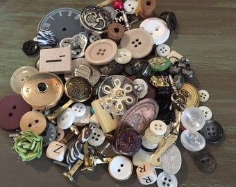 Buttons, Brads, Metal Embellishments Assorted Great for Altered Art, Mixed Media, Collage, Junk Journals, etc.
