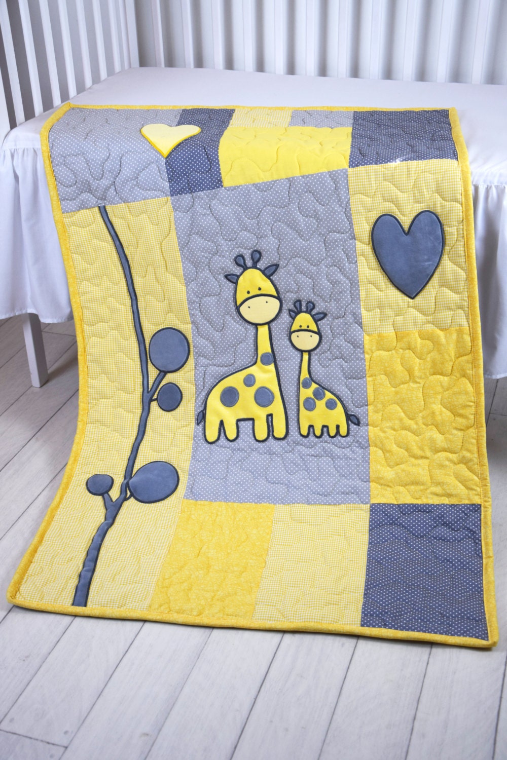 Baby Boy Blanket, Giraffe Jungle Quilt, Safari Nursery Bedding, Yellow Gray Baby Room Decoration